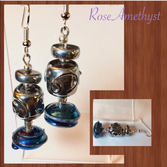 Boho Art Deco Blue Silver Earrings - Picture 1 of 2